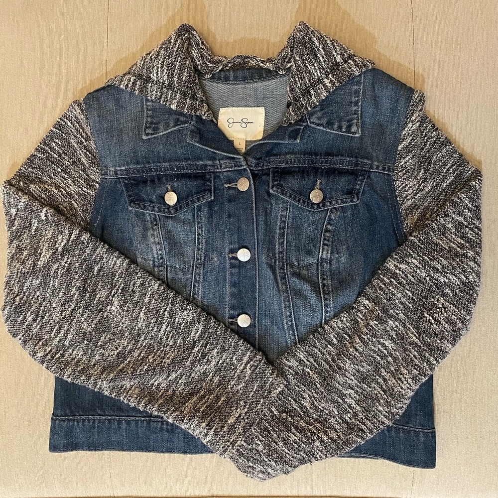 Jessica Simpson Blue Denim Jacket with Gray Sleeves